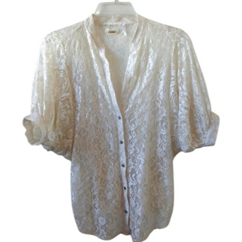 Womens Cream Lace Romantic Top S Sheer Puff Sleeve Rhinestone Button Soft Girl